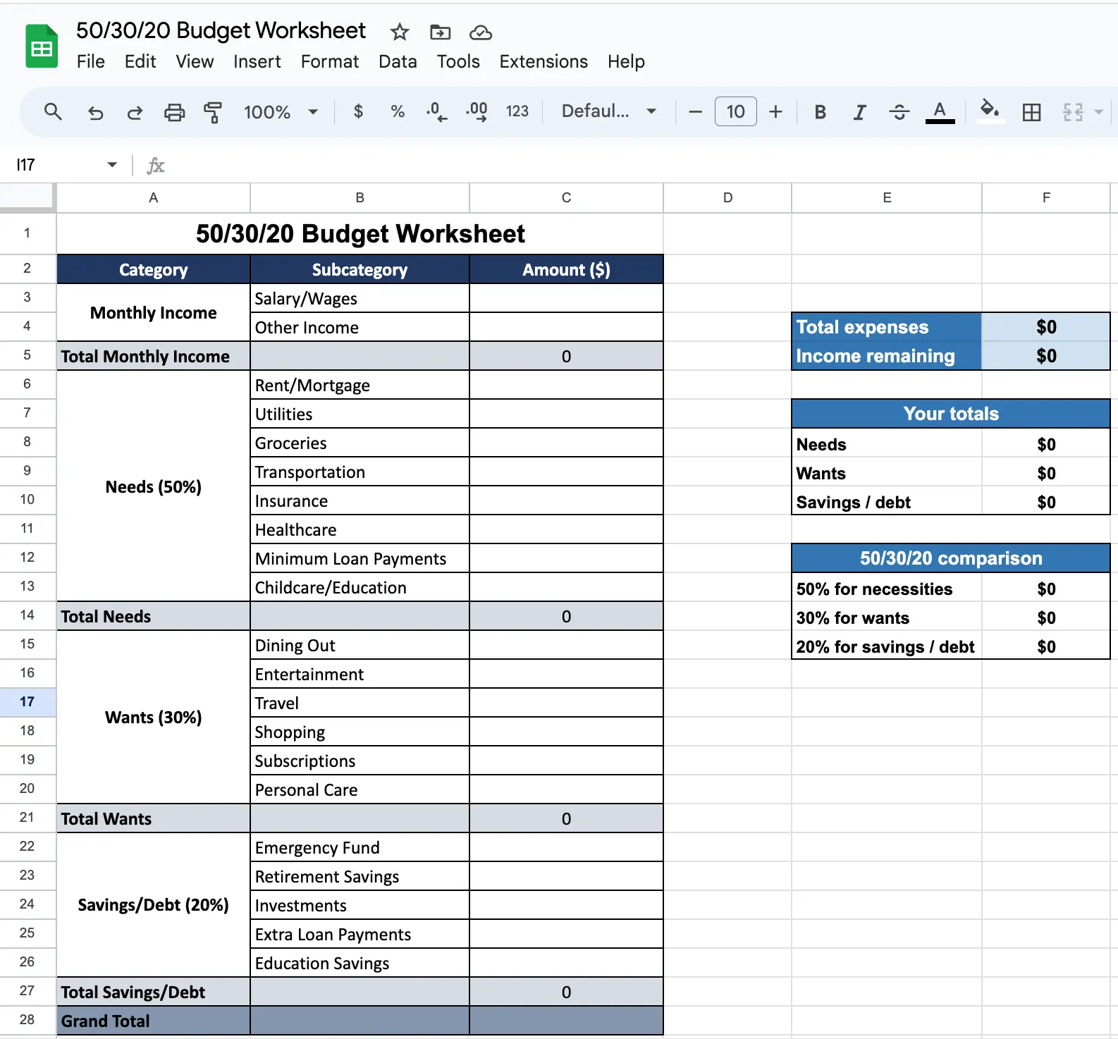 50/30/20 Budget Worksheet